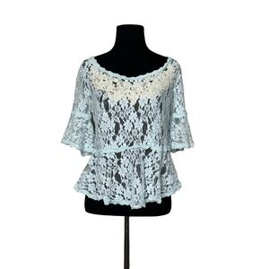 Free People aqua blue cream detail lace blouse size small